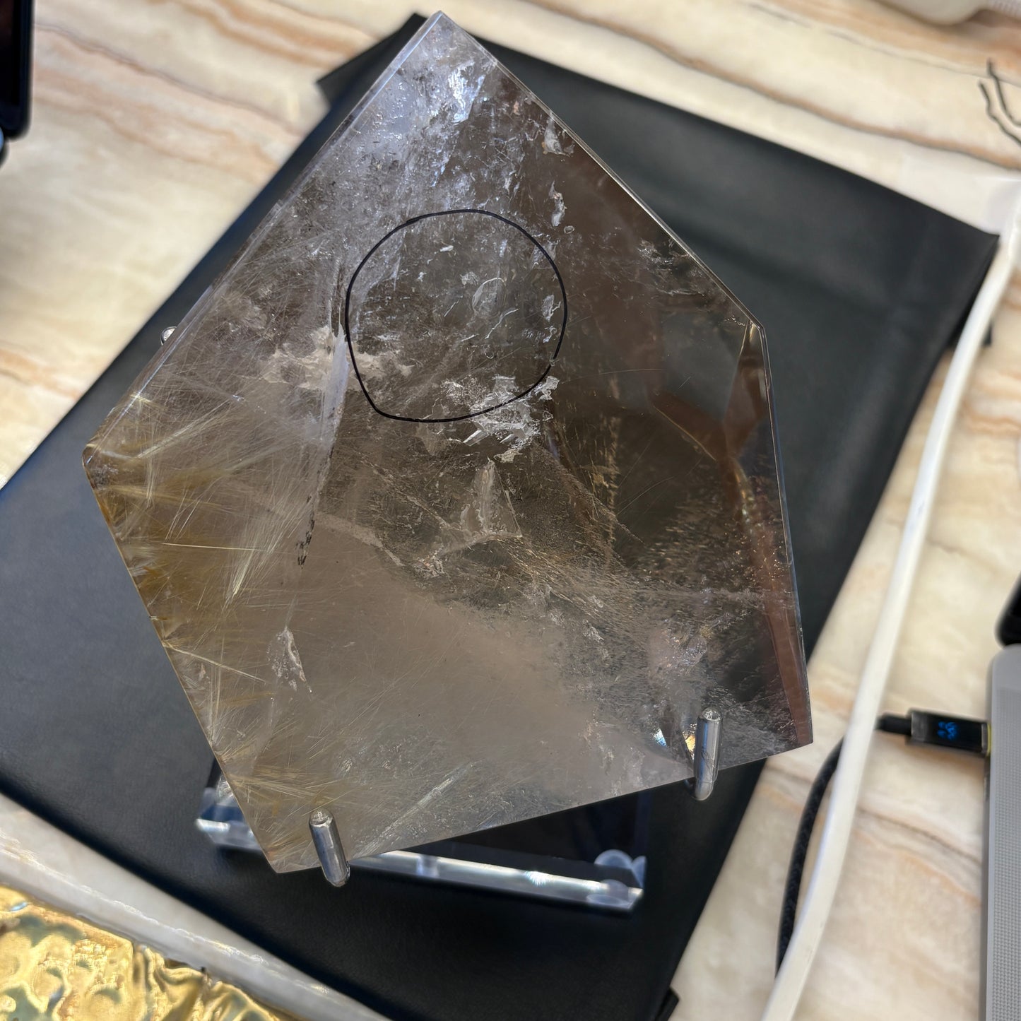【071】水入り太陽放射ルチル 原石(台座付き) 約158x129x115mm 約209g【live限定】live20260710