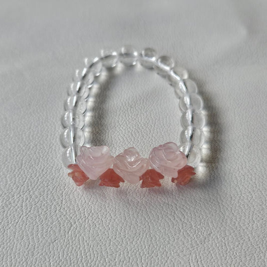 ローズクォーツ×インカローズ×水晶 ローズカービング ブレスレット